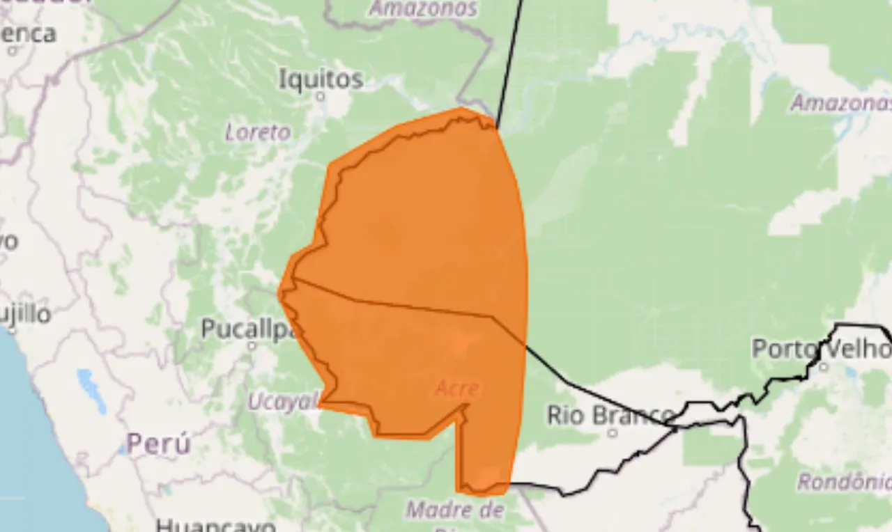 A imagem mostras áreas em alerta laranja para chuva intensa em partes do Acre e o Amazonas
